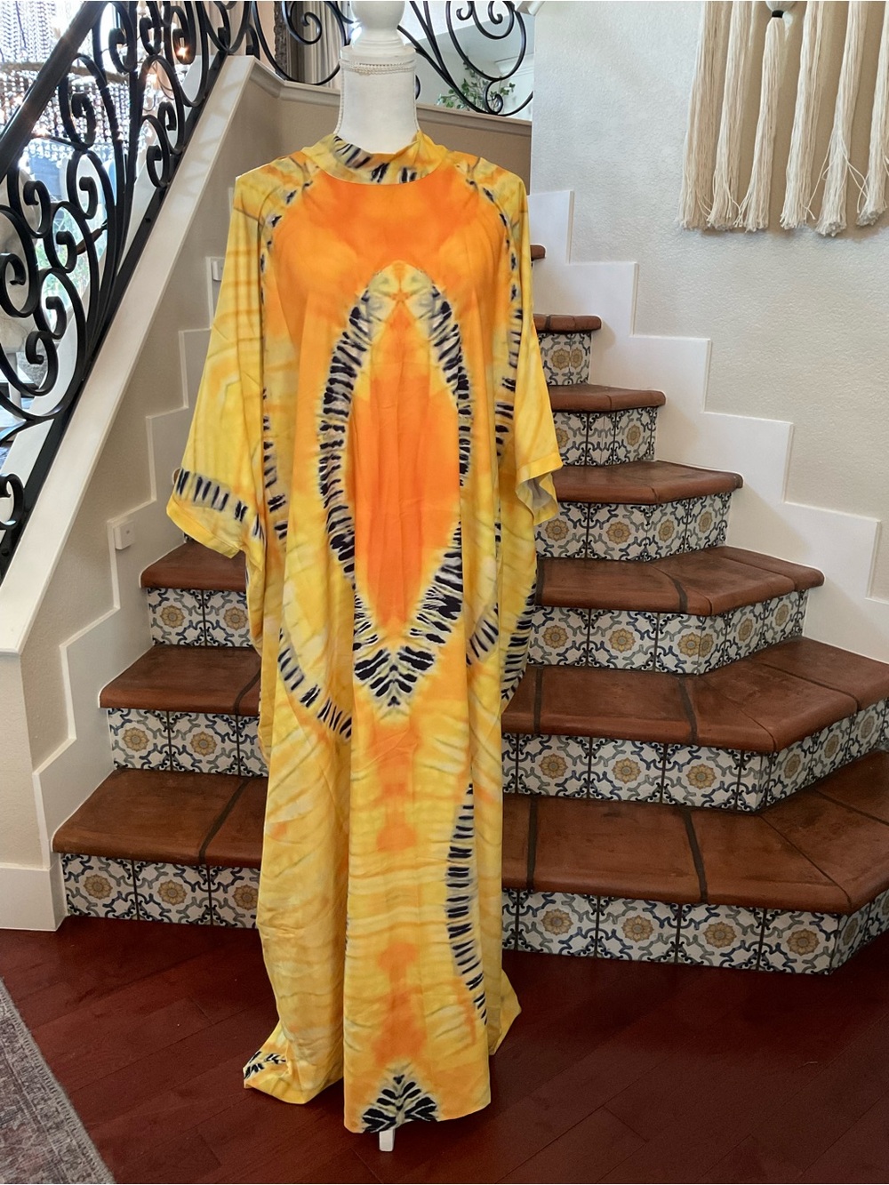 Yellow Tie-Dye Maxi Dress - Boho Caftan